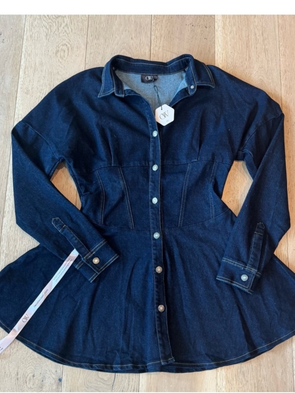 OW Collection Ella Denim Shirt Dress in Dark Wash in Size Small - Picture 10 of 13